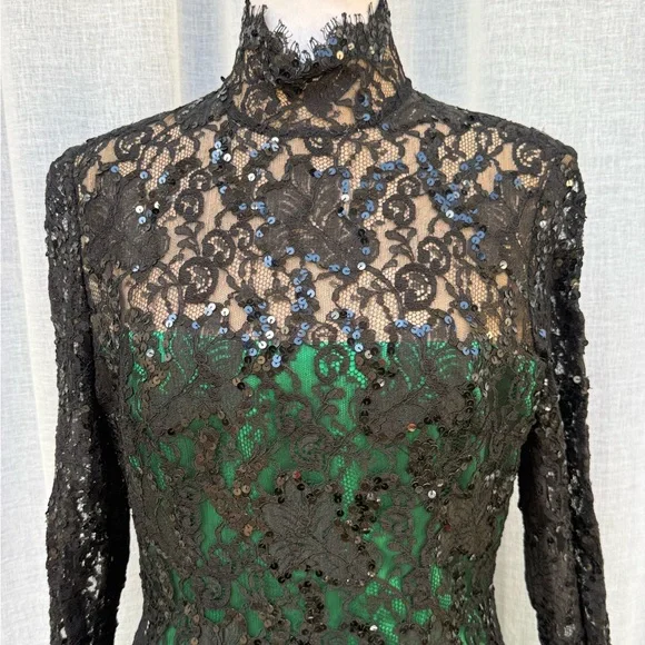 Bob Mackie boutique green black maxi gown dress with floral lace top